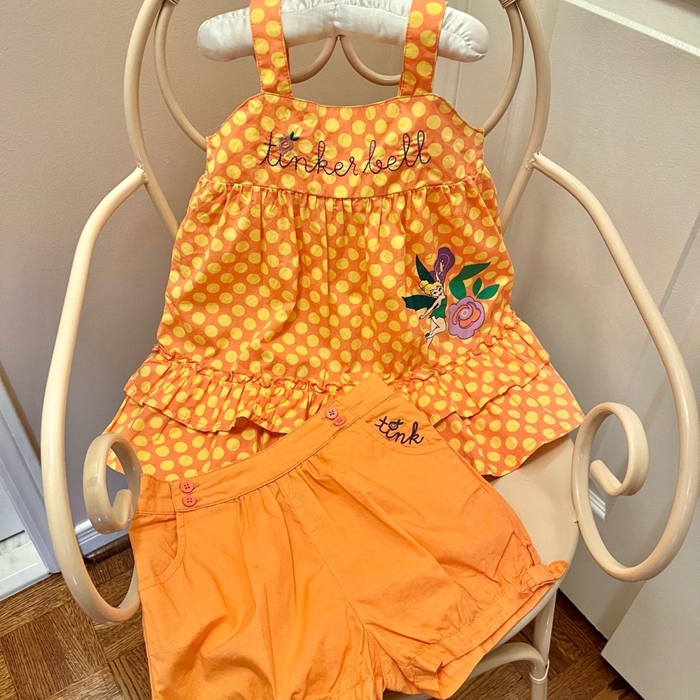 Disney Tinkerbell Toddler Girl Summer Outfit Set – Polka Dot Dress & Shorts 3X